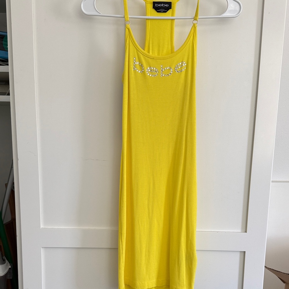 bebe Bright Yellow Rhinestone Logo Tank Dress
